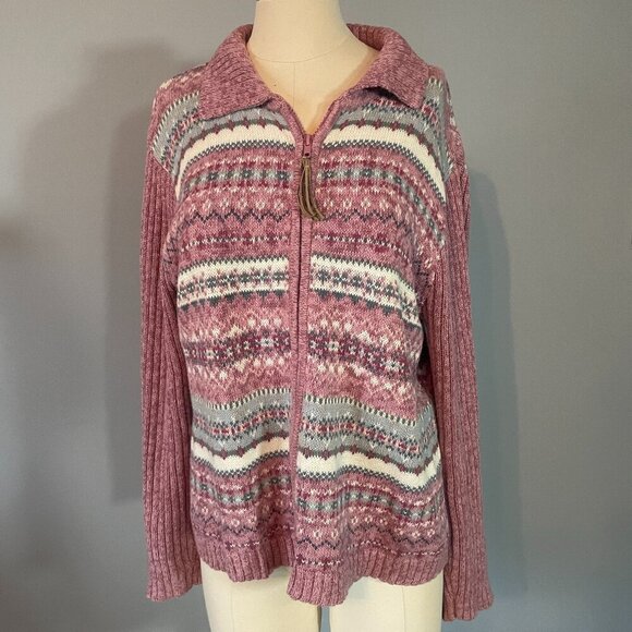 Vintage 90s Fair Isle Nordic Zip Up Cotton & Ramie Knit Cardigan - Picture 1 of 10
